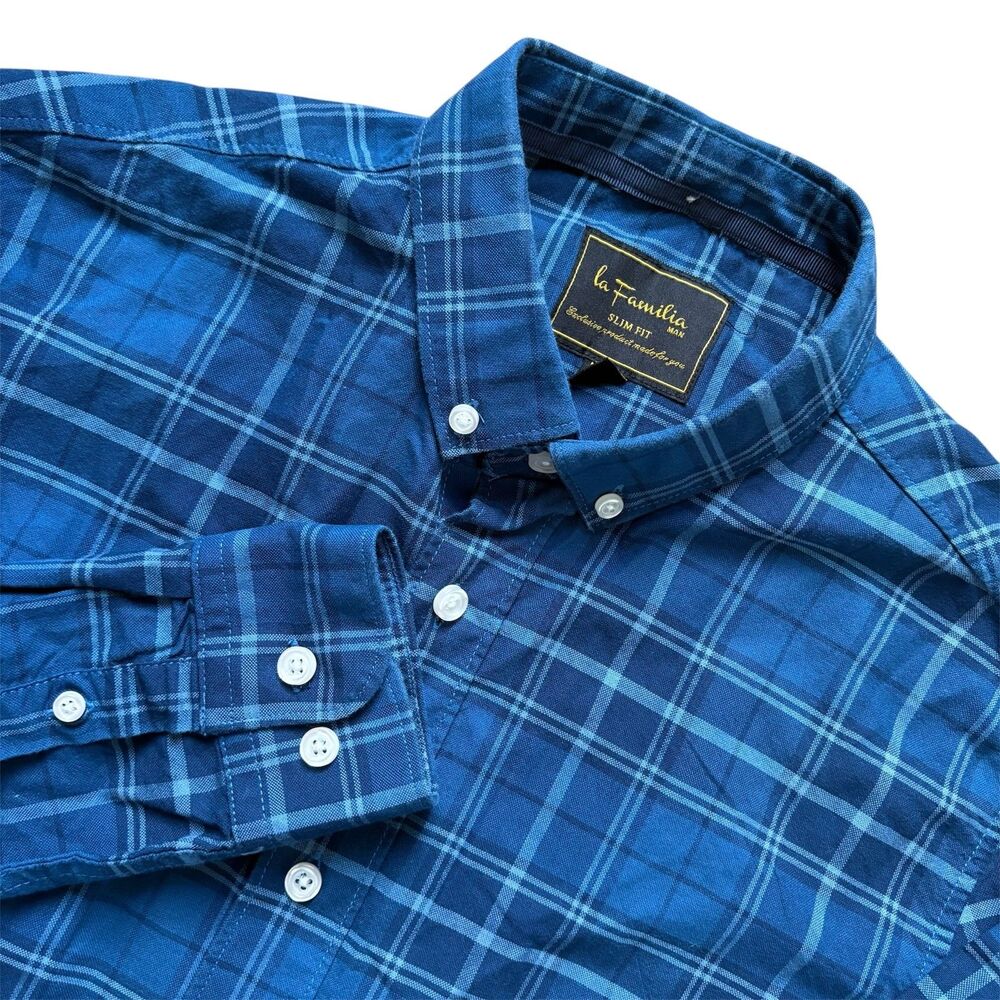 La Familia Shirt Mens Medium Blue Plaid Button Down Slim Fit Exclusive Sz M